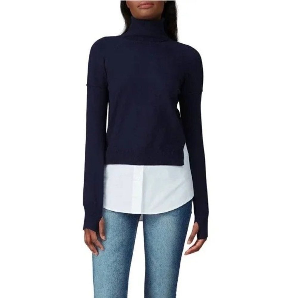 KF/KaufmanFranco Navy Knit Mixed Media Sweater Turtleneck